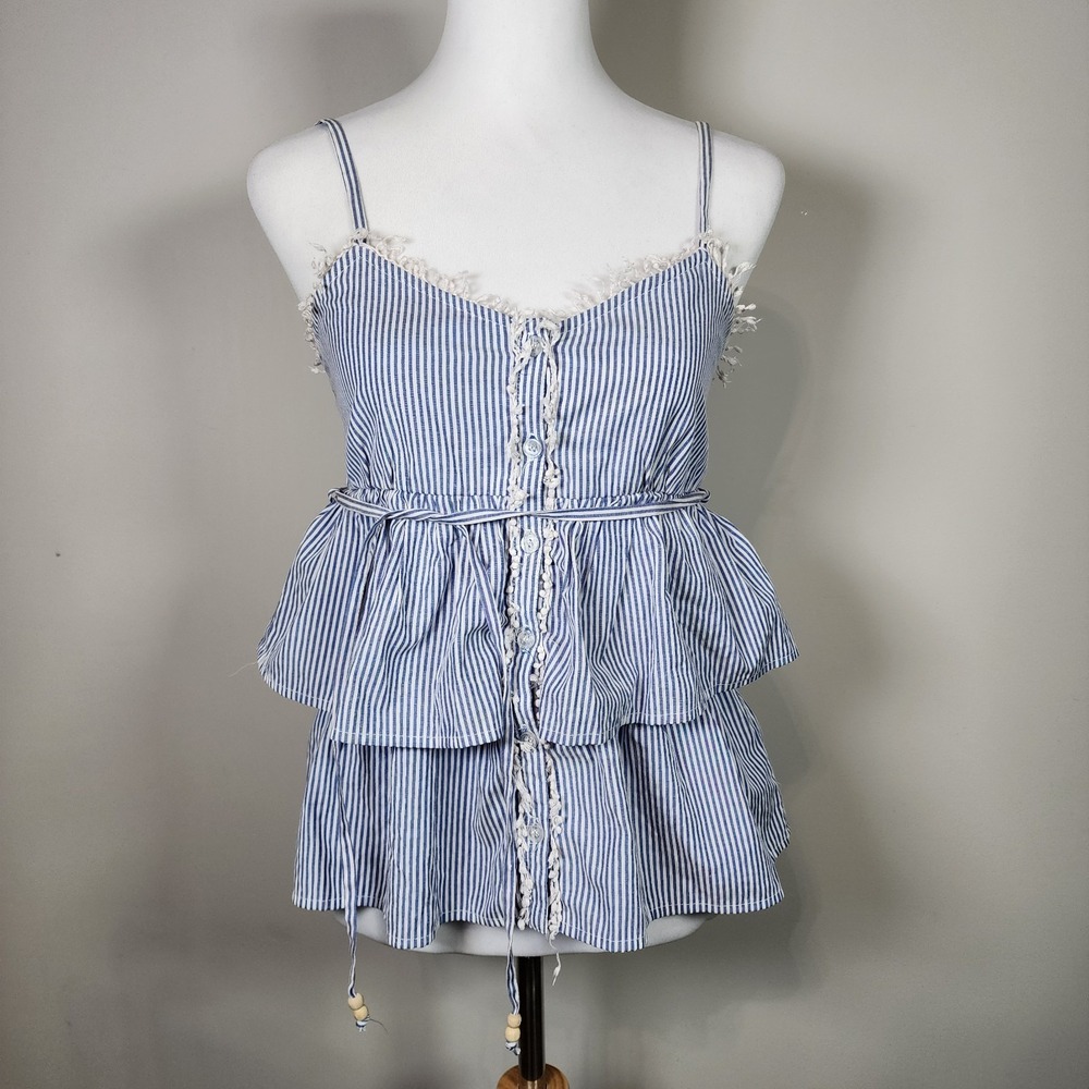 Peplum Camisole Top Womens Small Blue Striped Ruffle Lace Trim Coquette Prairie